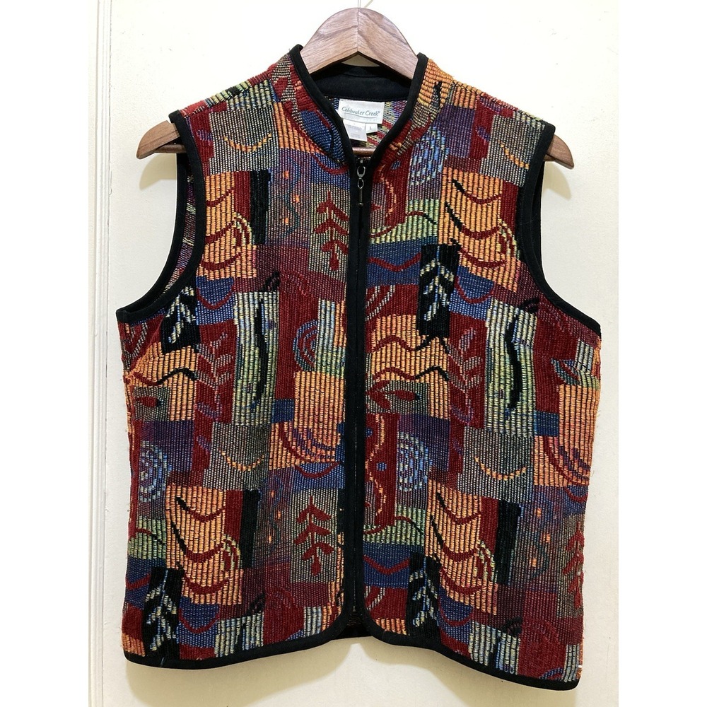 Vintage Coldwater Creek Patchwork Tapestry Vest Womens L Zip Up Suede Trim Artsy